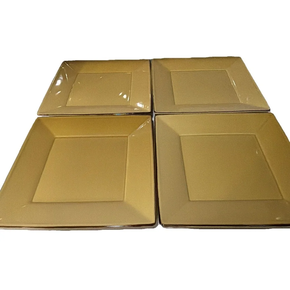 POTTERY BARN  set of 4‎ Mustard Yellow Gold 10.5in ASIAN SQUARE PLATES Japan